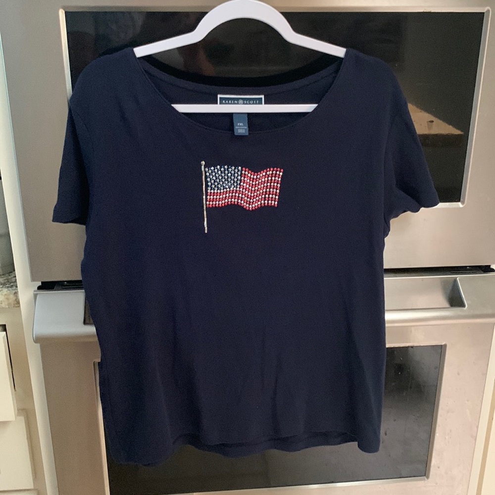 Karen Scott size petite xlarge. Navy color with red/silver/ blue sparkly flag.